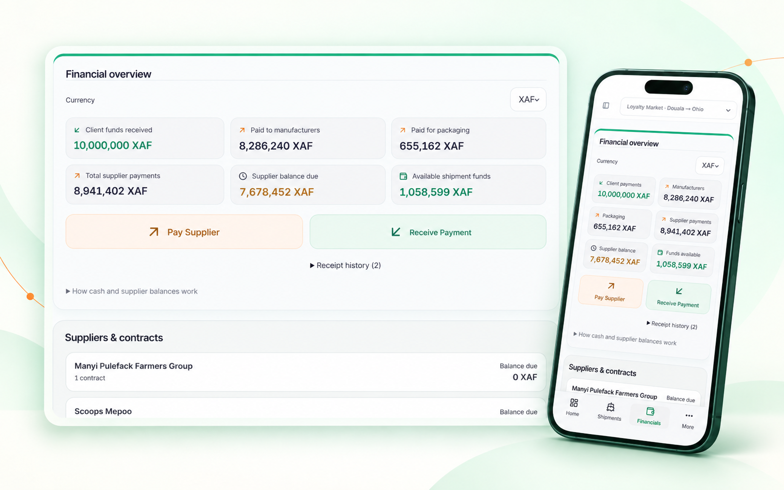 GloSource financial overview with client funds, supplier payments and outstanding balances